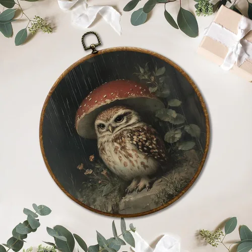 Miniatura 3 de JUIOEIU Decoración de pared redonda de búho de hongo con núcleo de cabaña, impresiones en lienzo enmarcadas con diseño de búho lluvioso oscuro
