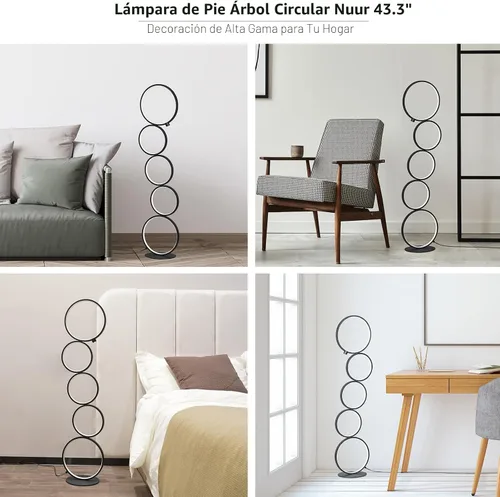 Miniatura 4 de NUÜR Moderna lámpara de pie LED de 5 anillos, lámpara de pie circular artística de 43.3 pulgadas, luz de acento escultural regulable sin escalones