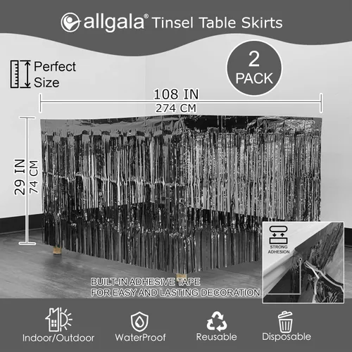 Miniatura 3 de allgala Faldones de mesa de oropel negro, paquete de 2 faldas de mesa de 29 x 108 pulgadas con flecos metálicos para fiestas, eventos, desfiles