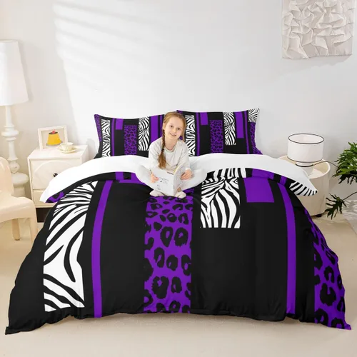 Miniatura 14 de Juego de funda de edredón con estampado de leopardo, tamaño individual, juego de ropa de cama rústica con rayas de piel de cebra, decoración