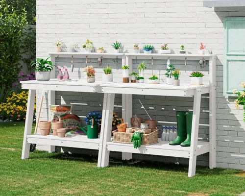 Miniatura 28 de SERWALL Banco de macetas para exteriores con fregadero extraíble, mesa para macetas de polietileno de alta densidad resistente a la putrefacción