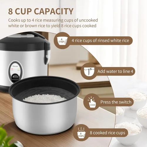 Miniatura 8 de Macook Arrocera de acero inoxidable con vaporizador, 4 tazas sin cocer (1.0L)/8 tazas cocidas, cocina eléctrica para granos y verduras, mantiene