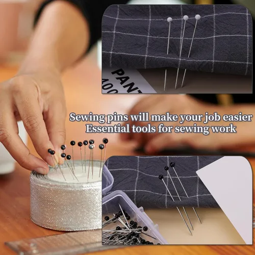 Miniatura 4 de Alfileres de costura, 400 piezas de alfileres rectos para tela, alfileres de acolchado largos de cabeza de bola perlada en blanco y negro de 1.5 Dos