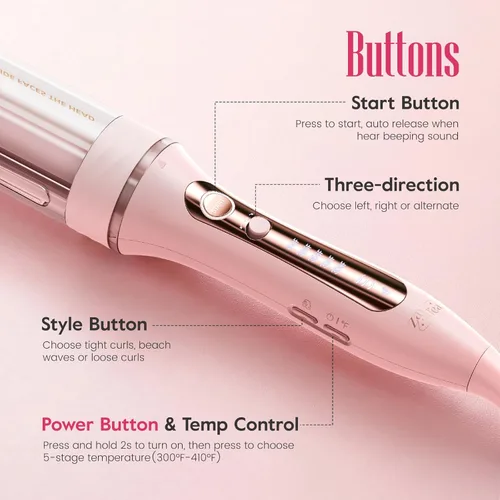Miniatura 4 de Zavarea Rizador giratorio automático para cabello largo, varita rizadora de 1 pulgada para ondas de playa y rizos sueltos, rizador de pelo fácil Rosa