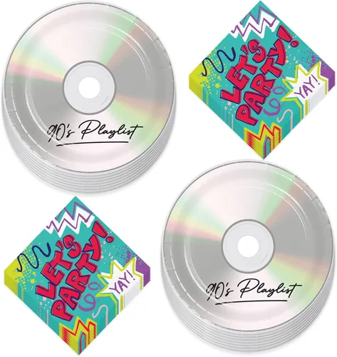 Suministros para fiestas de los 90 – Platos llanos de papel CD de los 90's Mix y servilletas Let's Party (Serves 16)