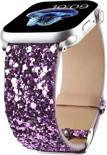 Miniatura 7 de Bling Band Compatible with Apple Watch Bands 38mm 40mm 41mm 42mm 44mm 45mm 46mm 49mm Ultra 3/2/1, Glitter Sparkle Leather Strap For iWatch Band