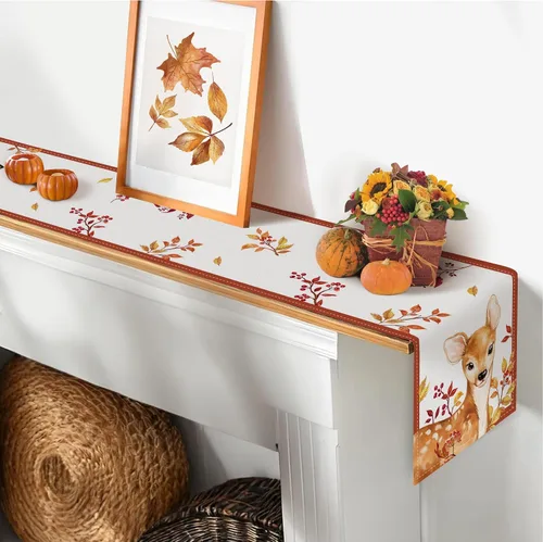 Miniatura 5 de Bonhause Camino de mesa de zorro de otoño de 13 x 90 pulgadas, diseño de ciervo, hojas de arce, bayas, Acción de Gracias, cocina, comedor