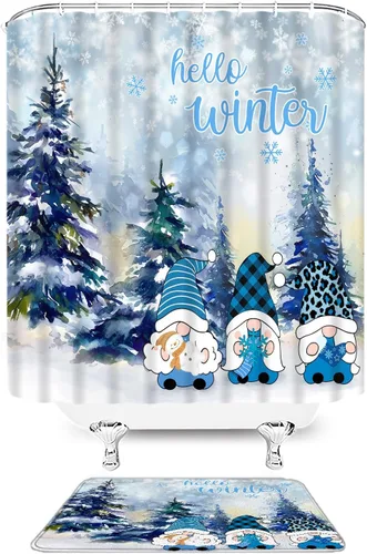 Miniatura 31 de Juego de 4 cortinas de ducha de muñeco de nieve con alfombra, diseño de árbol de pinos de invierno, lindo muñeco de nieve azul, juego de baño