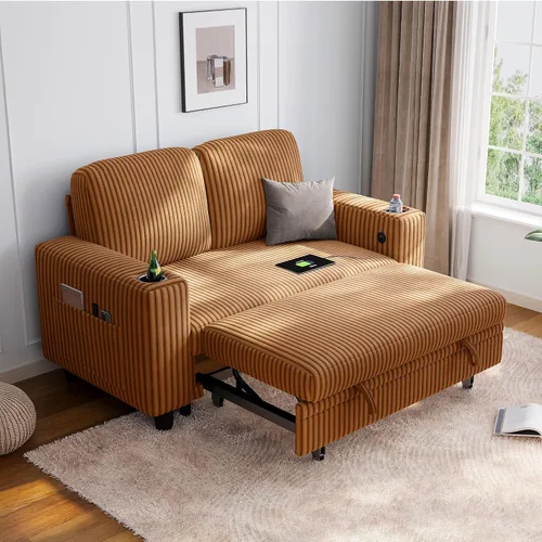 Miniatura 22 de LINSY HOME Sofá cama modular extraíble para sala de estar (beige, sofá cama 1) Sofá cama extraíble, almacenamiento, carga USB, portavasos, pana