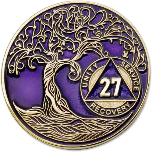 Miniatura 222 de 20 Year Sobriety Mint Twisted Tree of Life - Medallón de recuperación AA chapado en oro, fichas y fichas, color negro