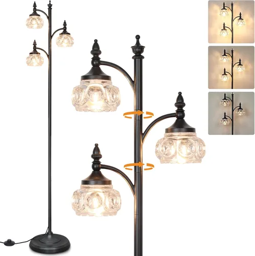 JUNNAI Lámpara de pie negra para sala de estar, lámpara de pie alta, regulable, con 3 luces giratorias, pantalla de cristal, lámpara de esquina Negro