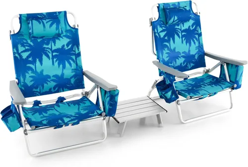 Miniatura 36 de Goplus Silla de playa, mochila plegable para adultos, sillas de playa con posiciones ajustables, almohada para la cabeza, bolsa refrigeradora