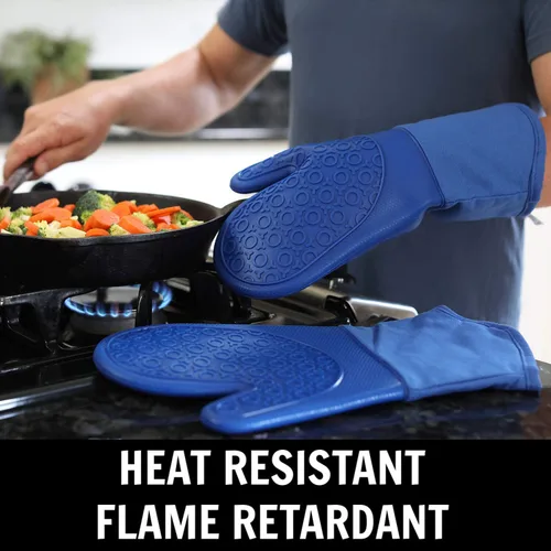 Miniatura 3 de Juego de 4 guantes de horno y salvamanteles de silicona suave sin BPA, guantes de horno ultra resistentes al calor con forro de algodón grueso, Azul