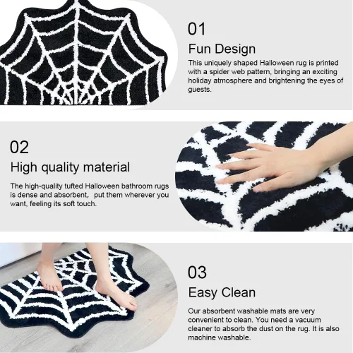 Miniatura 4 de Paquete de 2 tapetes de baño de tela de araña, 31 x 20 pulgadas, decoración de Halloween, alfombras de telaraña, tapetes antideslizantes