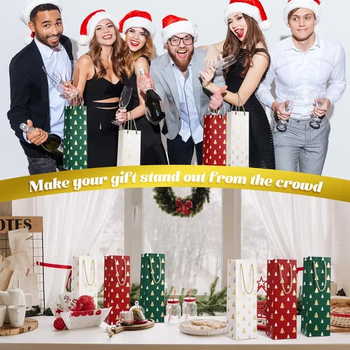 Miniatura 6 de Woanger 60 bolsas de regalo de vino de Navidad, bolsas de papel kraft a granel para botellas de vino con asa, bolsas de regalo de color rojo, verde