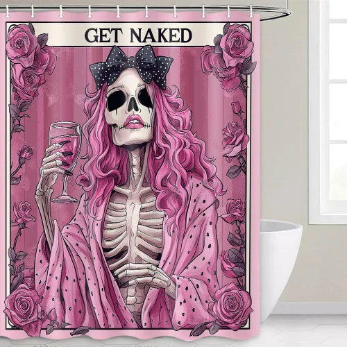 Miniatura 11 de Divertida cortina de ducha de esqueleto de calavera rosa, para Halloween, gótica, rosa, rojo, rosa, floral, vino tinto, terror, terror, cortina