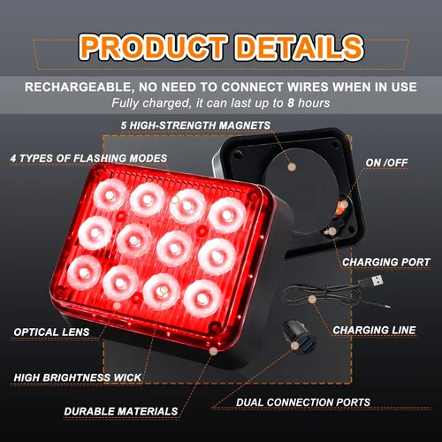 Miniatura 3 de 2 piezas de luces magnéticas para remolque, baliza roja, luces estroboscópicas magnéticas inalámbricas, luces de advertencia de emergencia
