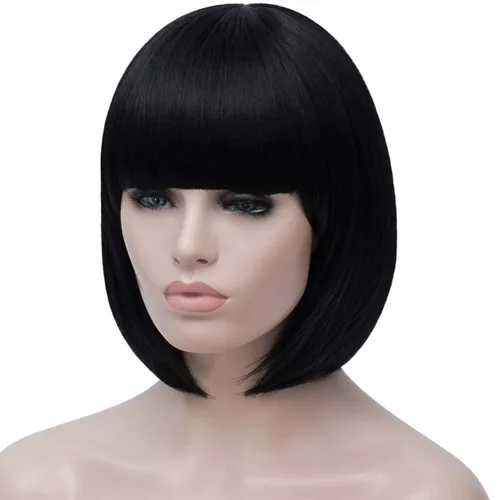 Miniatura 4 de Peluca de pelo corto Bob con flequillo recto sintético peluca natural como pelo real 12 pulgadas