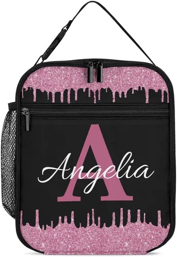 Miniatura 16 de Bolsa de almuerzo con nombre personalizado para hombres y mujeres, con monograma de purpurina azul, hielera, portátil, con nombre, para niñas, azul