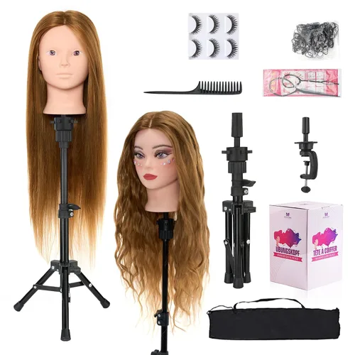 Cabeza de maniquí 80% cabello humano con soporte para trípode, 28 pulgadas, maquillaje cosmetología, práctica de maniquí, cabeza de peluquería