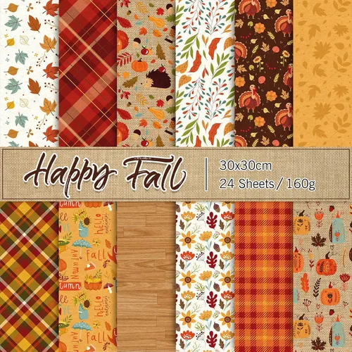 Whaline 24 piezas de papel de otoño con patrón de Acción de Gracias, hojas de otoño coloridas a cuadros de calabaza a cuadros de doble cara, papel