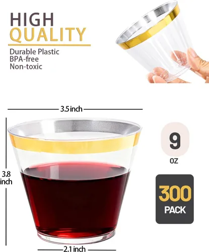 Miniatura 2 de Ciaell 300 vasos de plástico dorados – Vasos de plástico resistentes de 9 onzas – Copa desechable con borde dorado – Taza de vino transparente