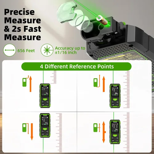 Miniatura 3 de Huepar Herramienta de Medición Láser Dual, Medidor de Distancia Láser Digital Bilateral de 656 Pies con Haz Verde Medida en 6 Unidades Pies/pulg/M
