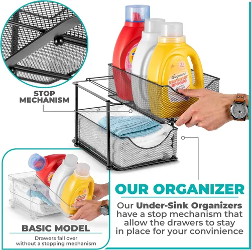 Miniatura 4 de Sorbus Organizador de metal para debajo del fregadero de 2 niveles para baño, cocina, cajones deslizantes de malla de acero fuerte para debajo