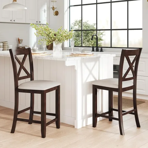 Miniatura 10 de Giantex 24" Bar Stools Set of 2, Farmhouse Counter Height Barstools w/Footrest, Cross Back, Comfortable Linen Cushion, Upholstered Wood Bar Chairs