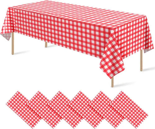 Miniatura 9 de Paquete de 12 manteles redondos de plástico rojo y blanco a cuadros desechables de alta calidad para fiestas, manteles redondos de fiesta