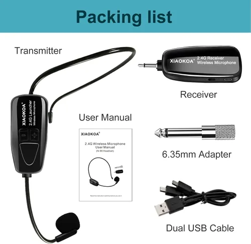 Miniatura 7 de Auriculares con micrófono inalámbricos, micrófono de cabeza inalámbrico de 2.4GHz, micrófonos con carga USB-C, rango de 165 pies, para amplificador