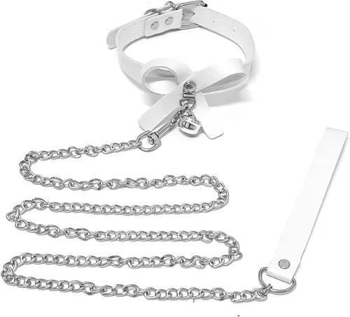 Miniatura 6 de Tosmifairy Gargantilla gótica de cuero para hombres y mujeres, collar de discoteca, cadena de aluminio, correa con mango de poliuretano