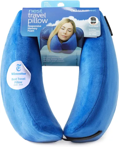 Almohada de apoyo para el cuello TRAVELREST Nest - Esenciales de viaje, espuma viscoelástica, almohada de viaje compacta para vuelos largos,