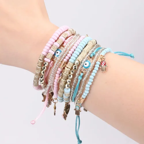 Miniatura 6 de Budsmile Pulseras bohemias de cuentas elásticas para mujeres y niñas, juego de pulseras apilables en múltiples capas, dijes multicolor hechos a