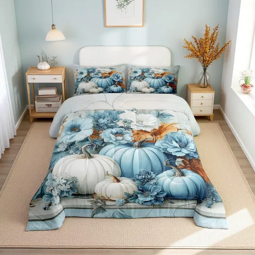 Miniatura 14 de Erosebridal Juego de edredón individual de pavo de Acción de Gracias, juego de ropa de cama de calabaza con hojas de otoño para niños y adultos