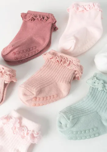 Miniatura 4 de 5 pares de calcetines antideslizantes antideslizantes para bebés y niñas pequeñas de encaje con rayas de flores