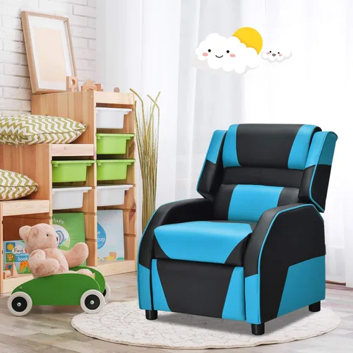 Miniatura 10 de Giantex Silla reclinable para niños, silla reclinable para juegos con reposapiés, reposacabezas y soporte lumbar, silla ergonómica de cuero para Azul