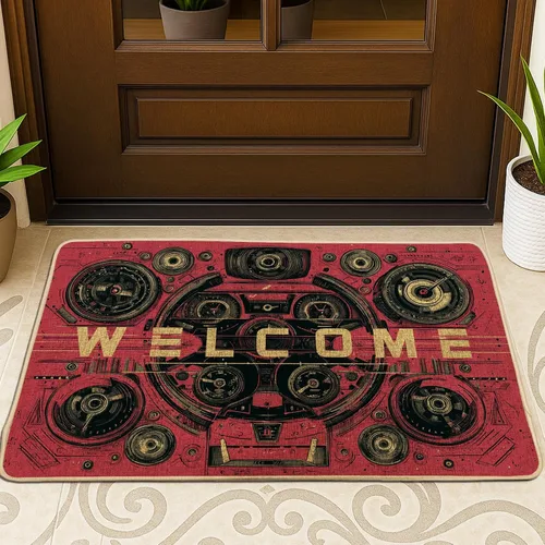 Tapete de bienvenida vintage Boombox, tapete retro rojo para entrada al aire libre e interior, decoración de música, antideslizante, resistente al