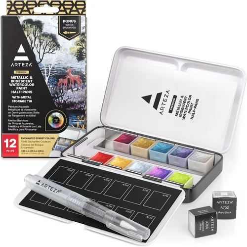 Miniatura 9 de ARTEZA Juego de Pintura de Acuarela Metálica – 12 Medias Pastillas Iridiscentes, Paleta Compacta de Viaje con Pincel para Pintura, Diario y Medios