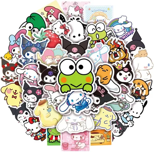 Miniatura 6 de JXJMYU 50 calcomanías Kawaii Sanrio Kuromi Melody Cinnamoroll para monopatín, maletero, laptop, botellas de agua para automóvil, adolescentes, niños