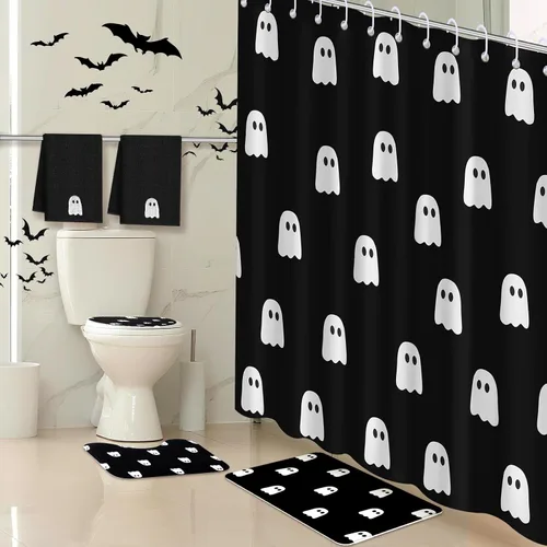 Miniatura 5 de Juego de 6 cortinas de ducha fantasma de Halloween de 72 pulgadas con 12 ganchos, alfombra antideslizante, cubierta de tapa de inodoro, toalla