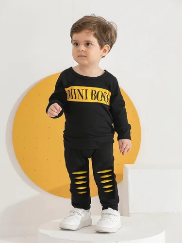 Miniatura 4 de Conjunto de 2 piezas de sudadera con estampado de letras de manga larga y pantalones para bebé niño