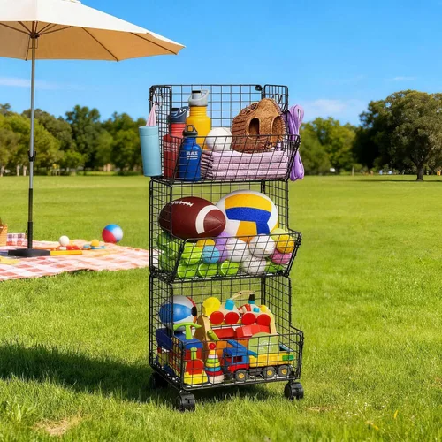 Sonyabecca Cesta de Almacenamiento de Juguetes para Exteriores, Organizador de Cocina de Juego con 5 Ganchos en S, Carrito de Almacenamiento Rodante