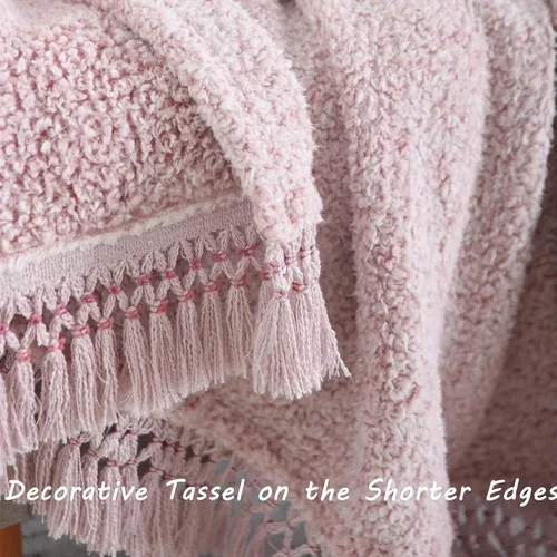 Miniatura 2 de Manta sherpa ultra suave y acogedora, manta decorativa ligera y cálida con borla, 2 tonos degradado rosa polvoriento, manta reversible