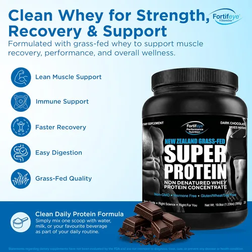 Miniatura 2 de Fortifeye Super New Zealand - Proteína de suero de leche alimentada con pasto sabor a dulce de chocolate amargo, 20 porciones, 1 paquete – Proteína