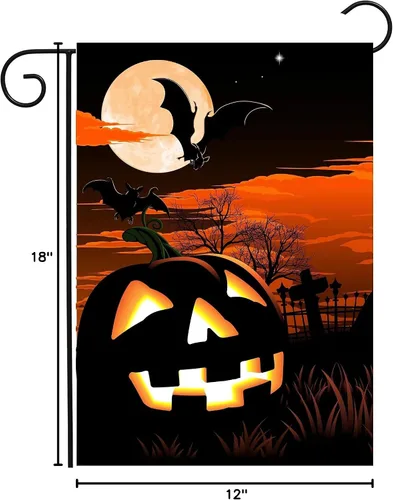Miniatura 4 de Bandera de Halloween de Halloween con diseño de calabaza de murciélago y luna, cementerio, jardín, patio, 12 x 18 pulgadas, doble cara decorativa