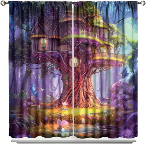 Cortinas de Árbol Mágico, País de las Maravillas de Farol Púrpura Intermitente Bosque Natural Mundo de Cuento de Hadas Arte Colorido Cortinas Opacas