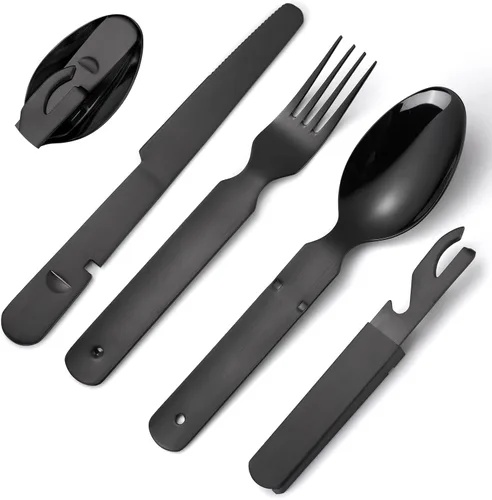 Cubiertos portátiles negros cubiertos de camping cubiertos de acero inoxidable cuchara tenedor cuchillo y abridor de botellas 4 piezas utensilio al