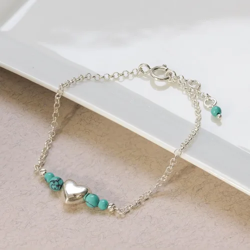 Miniatura 20 de 925 Sterling Silver Gemstone Bracelet - 3mm Gemstone Round Beads with Heart Silver Charm - 16-18cm Length - Gemstone Jewelry for Women - Perfect for