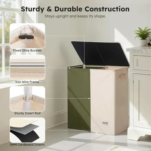 Miniatura 6 de SOLEDI Cesta de lavandería grande doble con tapa, cesta de ropa plegable de 2 secciones con bolsas extraíbles, cesta de lavandería que ahorra